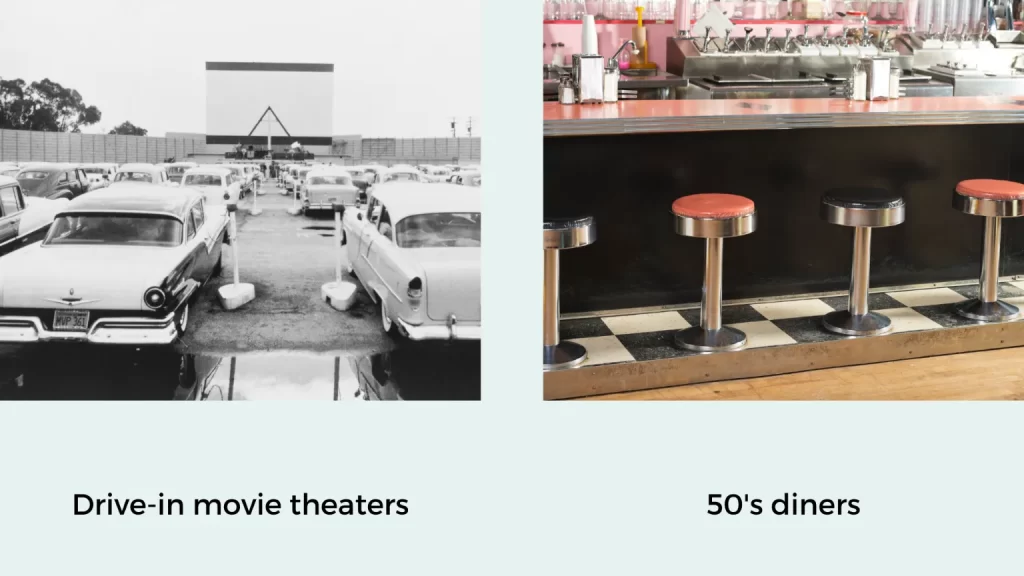 Drive in movie theaters and diners are symbols of americana from the 1950s.
