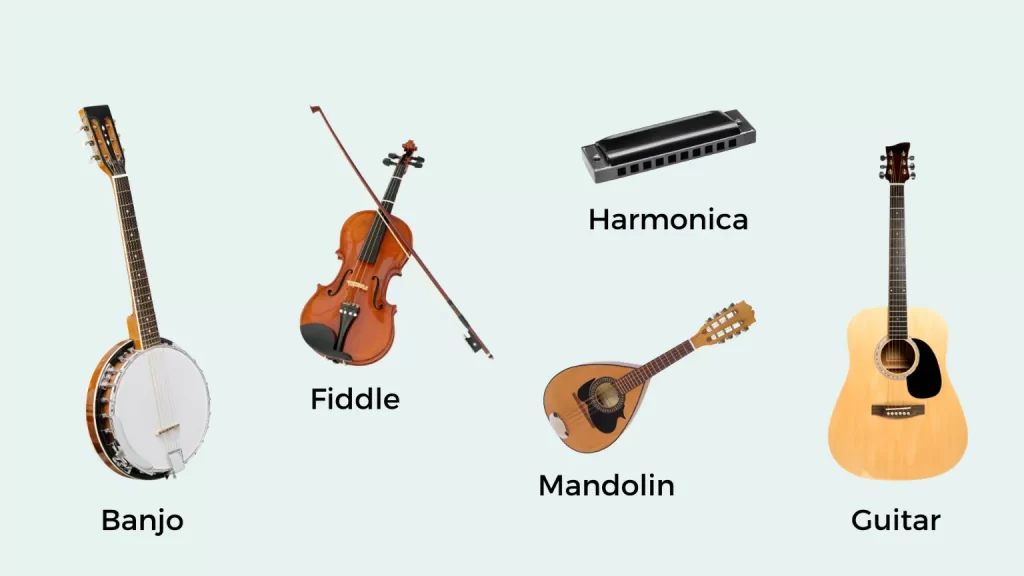 Strumenti musicali del genere bluegrass: violino, mandolino, armonica, chitarra e banjo. Bluegrass musical instruments: fiddle, mandolin, harmonica, guitar, and banjo.