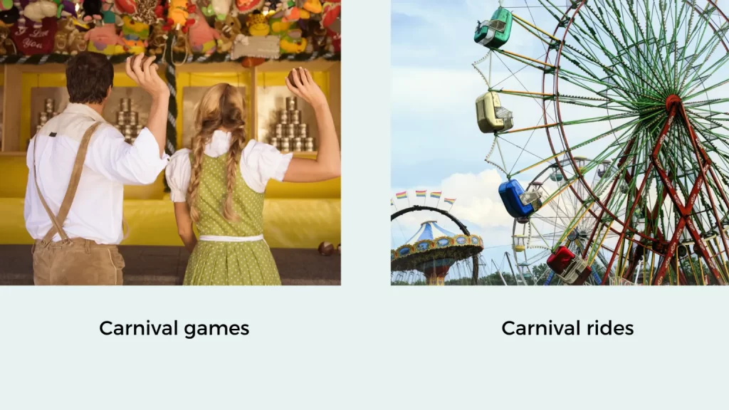 Le giostre e giochi della fiera americana. The rides and games of the American county fair.