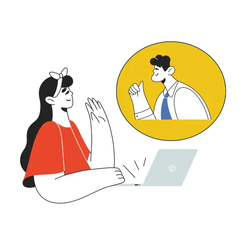 illustration of woman on laptop waving to a man.