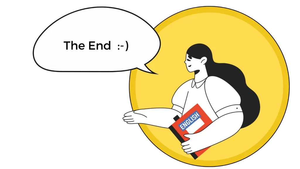 Illustration of a woman holding an English textbook saying "the end."