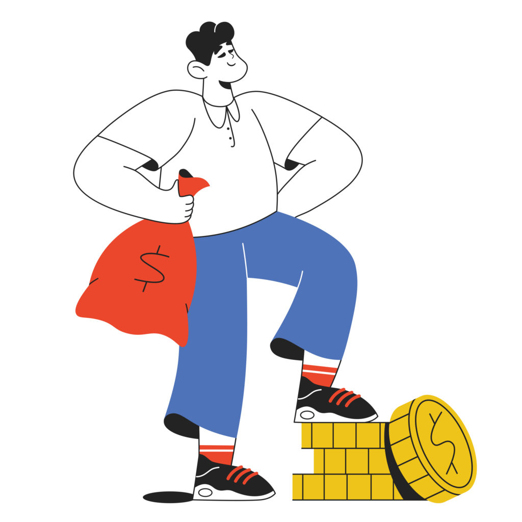 illustration of man holding back of money and stepping on a stack of coins.