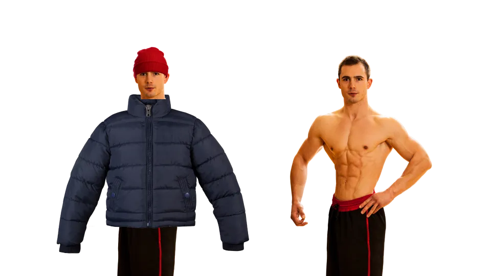 muscular man with and without jacket.