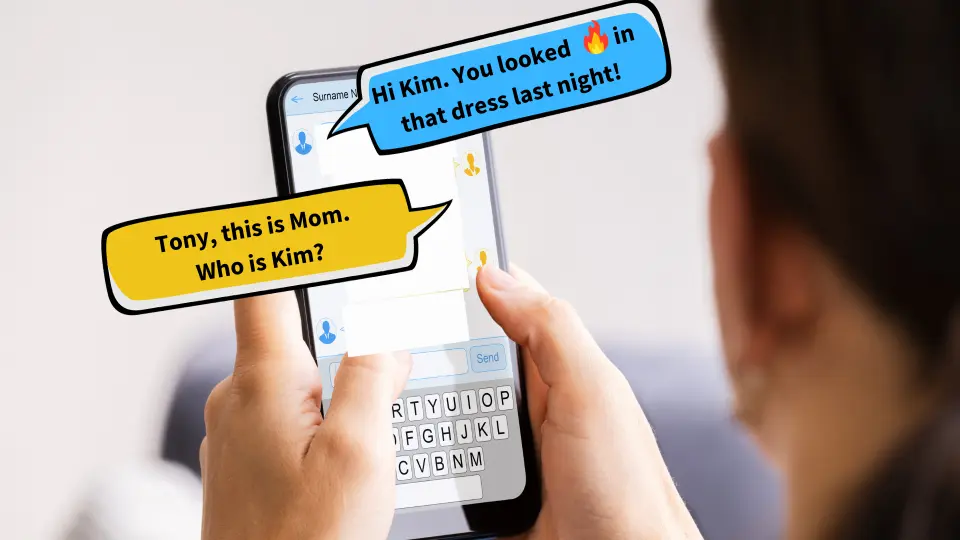 Text message that says "Hi Kim. You looked hot last night" with a response that says "Tony, this is Mom. Who is Kim?"